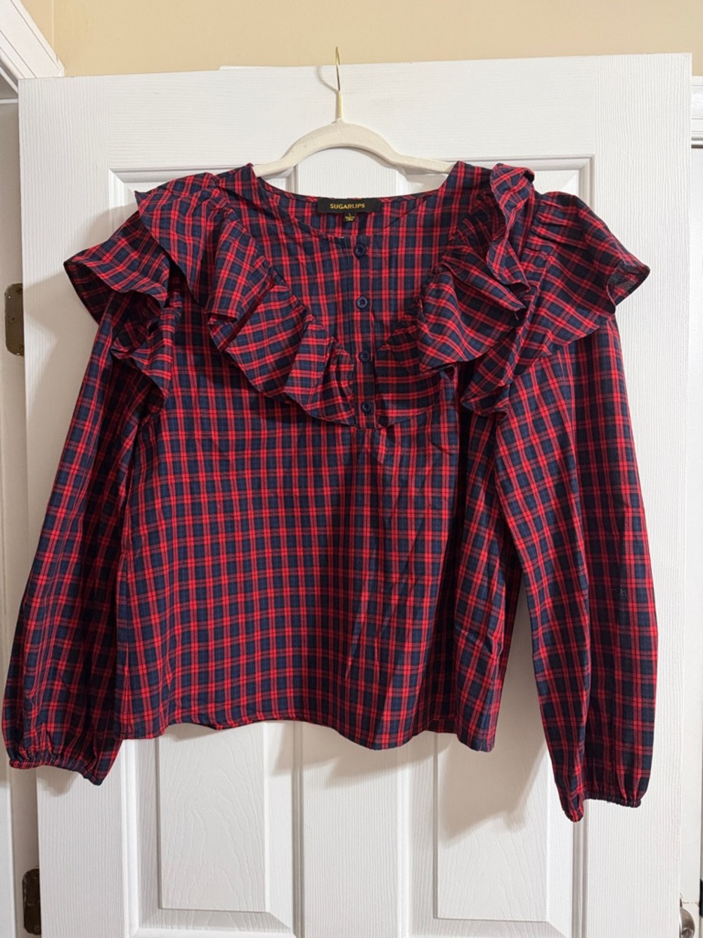 Sugarlips Navy Blue and Red Gingham Plaid Long Sleeve Ruffle Button Blouse Large